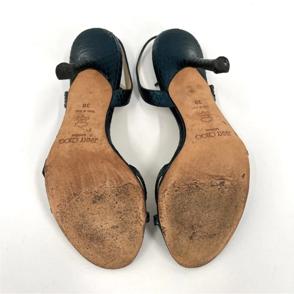 JIMMY CHOO Shoes Womens 38 Metallic Blue Snake Embossed Strappy Leather Sandal - Picture 9 of 14